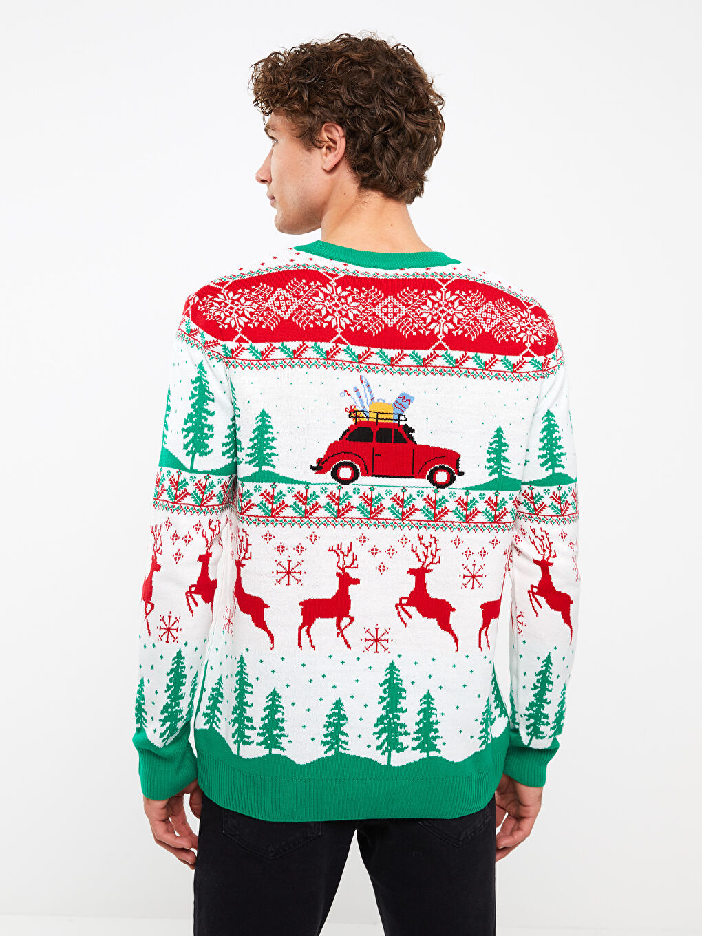 Yeşil Bisiklet Yaka Uzun Kollu Yılbaşı Temalı Erkek Triko Kazak-7