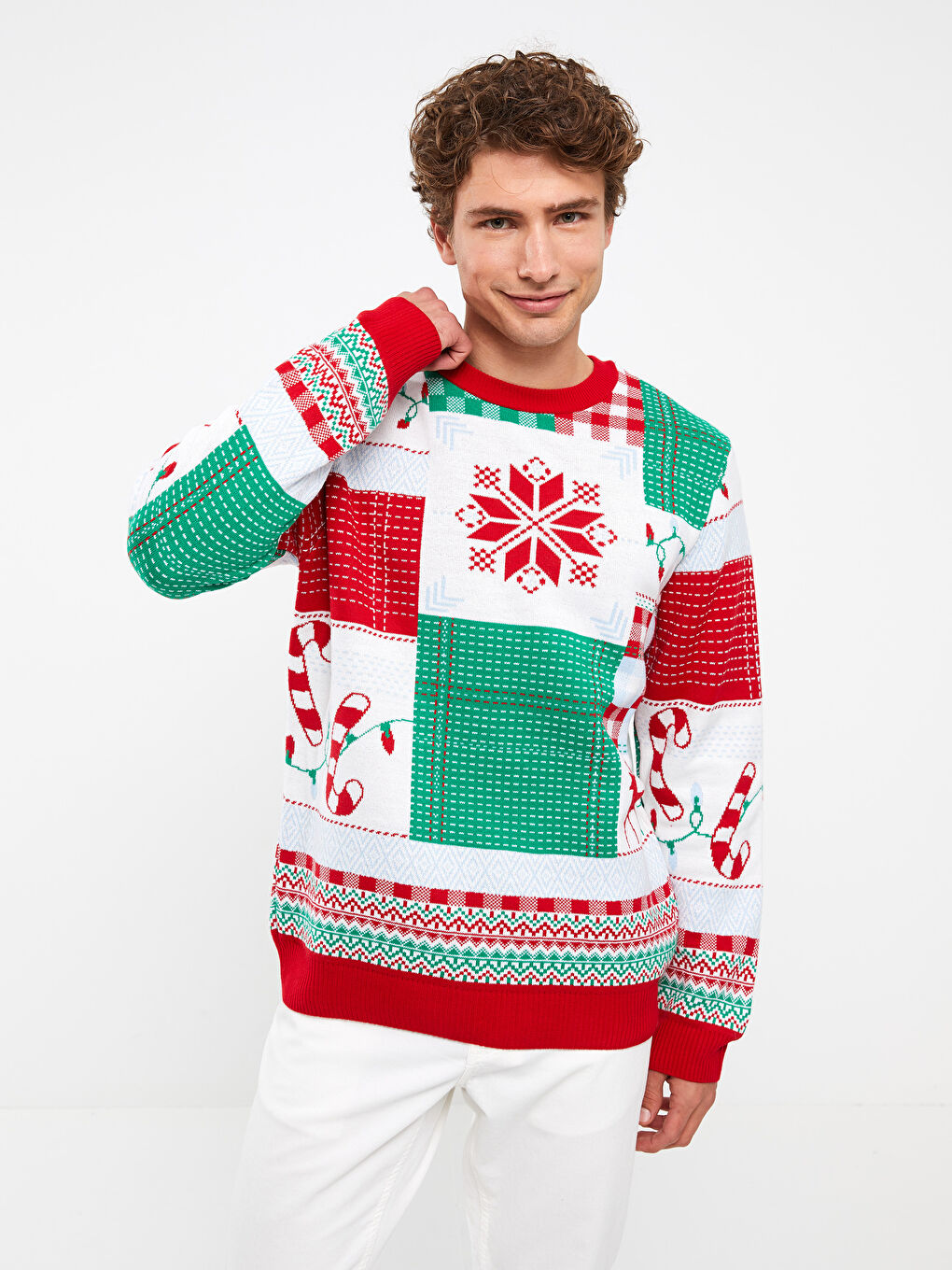 Kırmızı Bisiklet Yaka Uzun Kollu Yılbaşı Temalı Erkek Triko Kazak-2