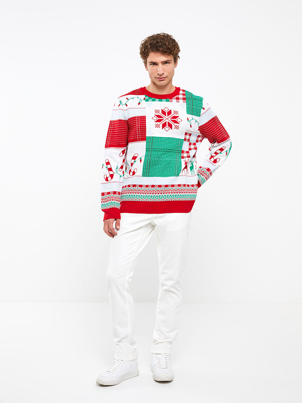 Kırmızı Bisiklet Yaka Uzun Kollu Yılbaşı Temalı Erkek Triko Kazak-4