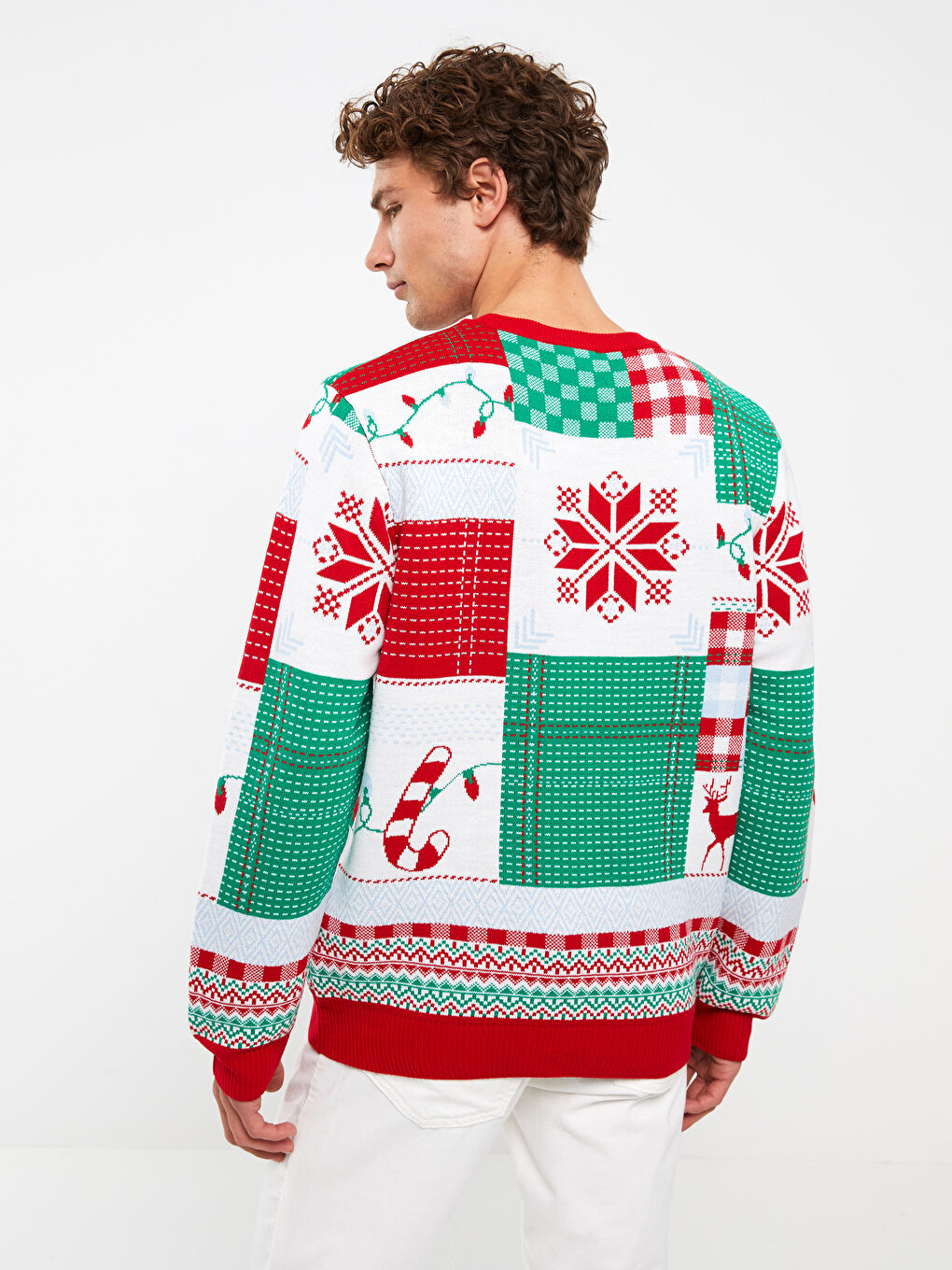 Kırmızı Bisiklet Yaka Uzun Kollu Yılbaşı Temalı Erkek Triko Kazak-8