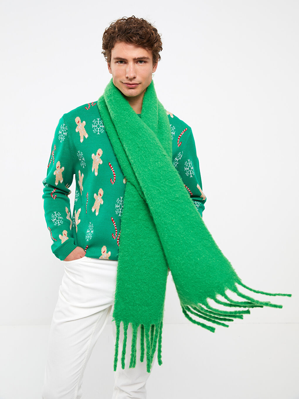 Yeşil Bisiklet Yaka Uzun Kollu Yılbaşı Temalı Erkek Triko Kazak