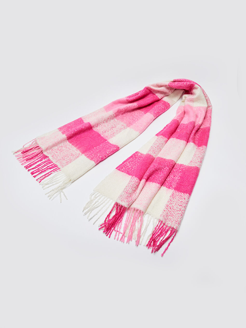 Pembe Ekose Desenli Saçaklı Kadın Atkı-4