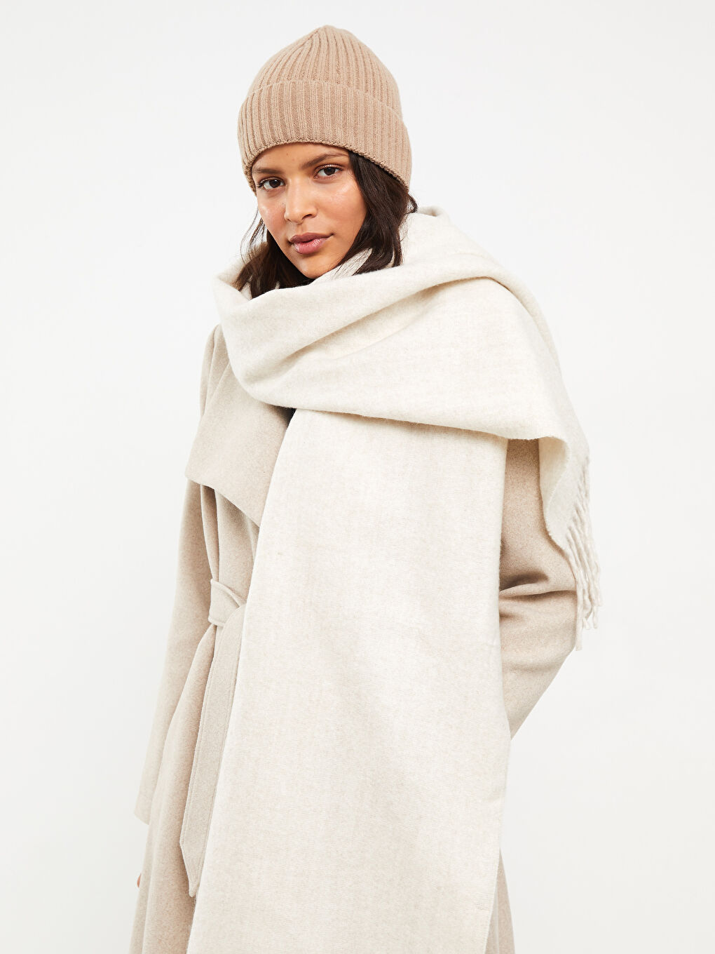 Ekru Düz Saçaklı Kadın Atkı