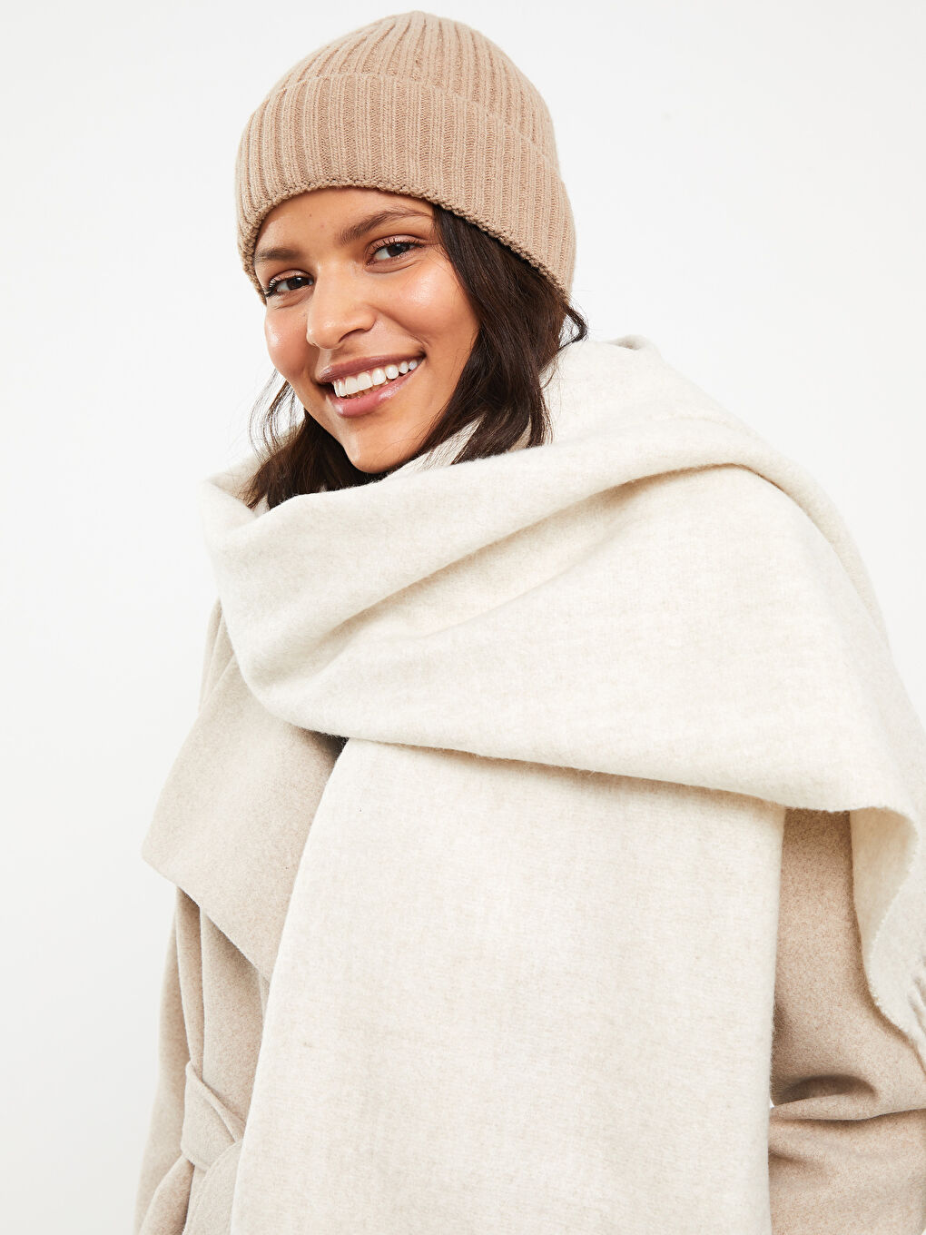 Ekru Düz Saçaklı Kadın Atkı-1