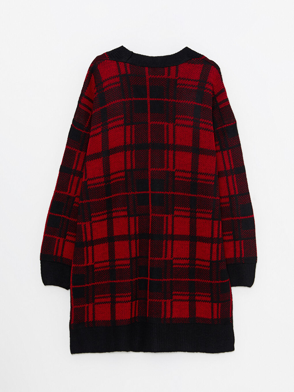 Kırmızı V Yaka Ekose Uzun Kollu Kadın Triko Hırka-8