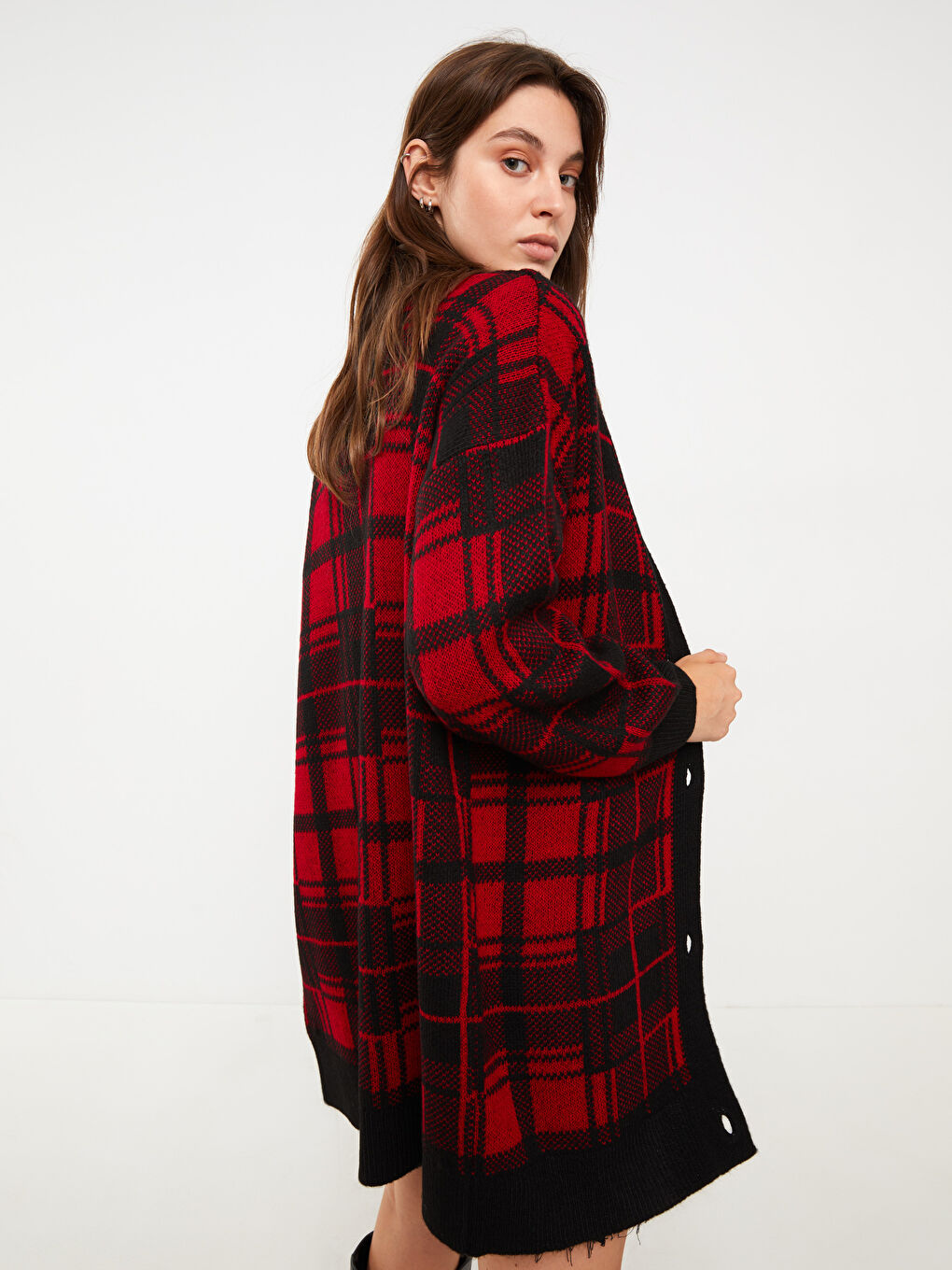 Kırmızı V Yaka Ekose Uzun Kollu Kadın Triko Hırka-1