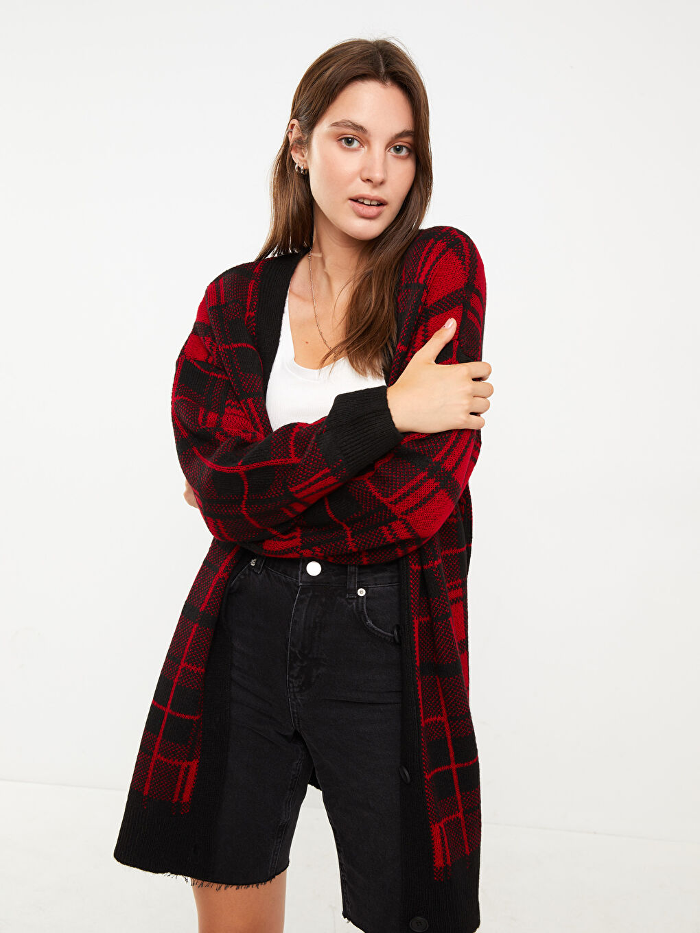 Kırmızı V Yaka Ekose Uzun Kollu Kadın Triko Hırka-2