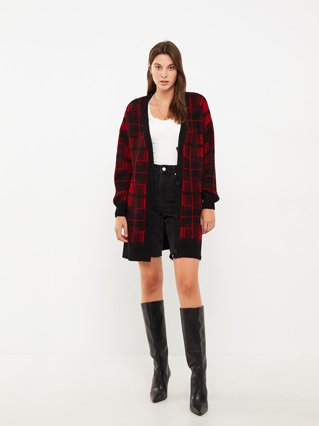 Kırmızı V Yaka Ekose Uzun Kollu Kadın Triko Hırka-4