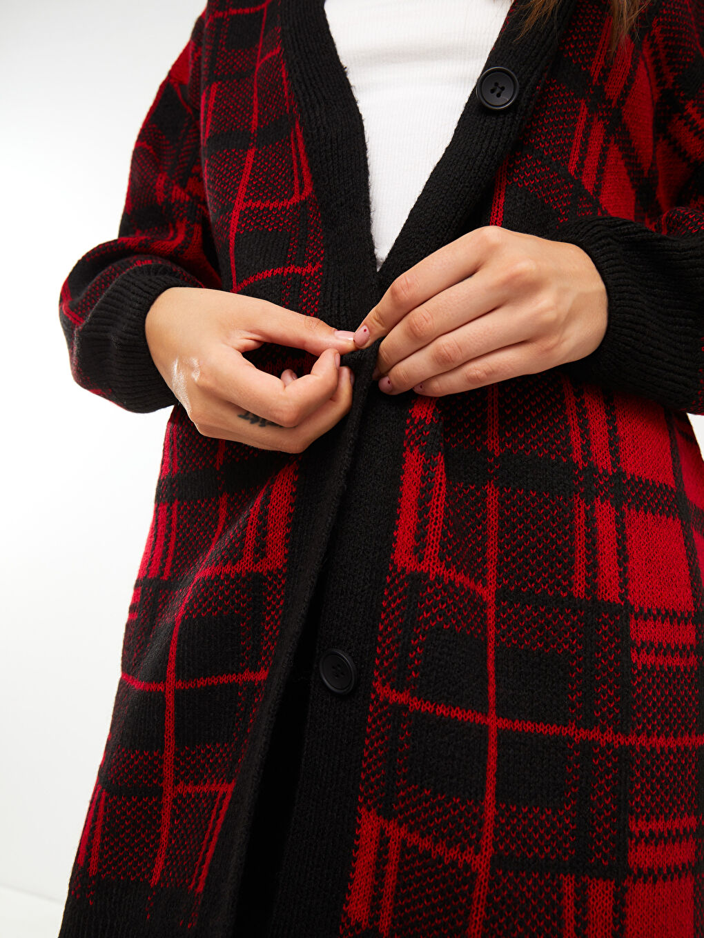 Kırmızı V Yaka Ekose Uzun Kollu Kadın Triko Hırka-5