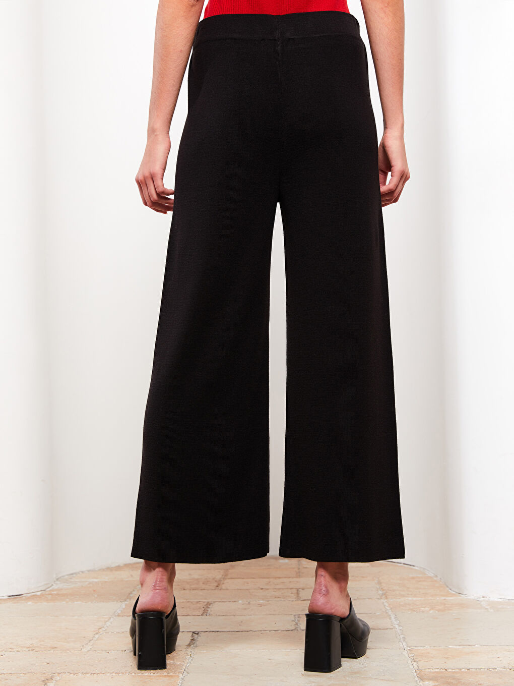 Siyah Kadın Beli Lastikli Düz Triko Pantolon-4