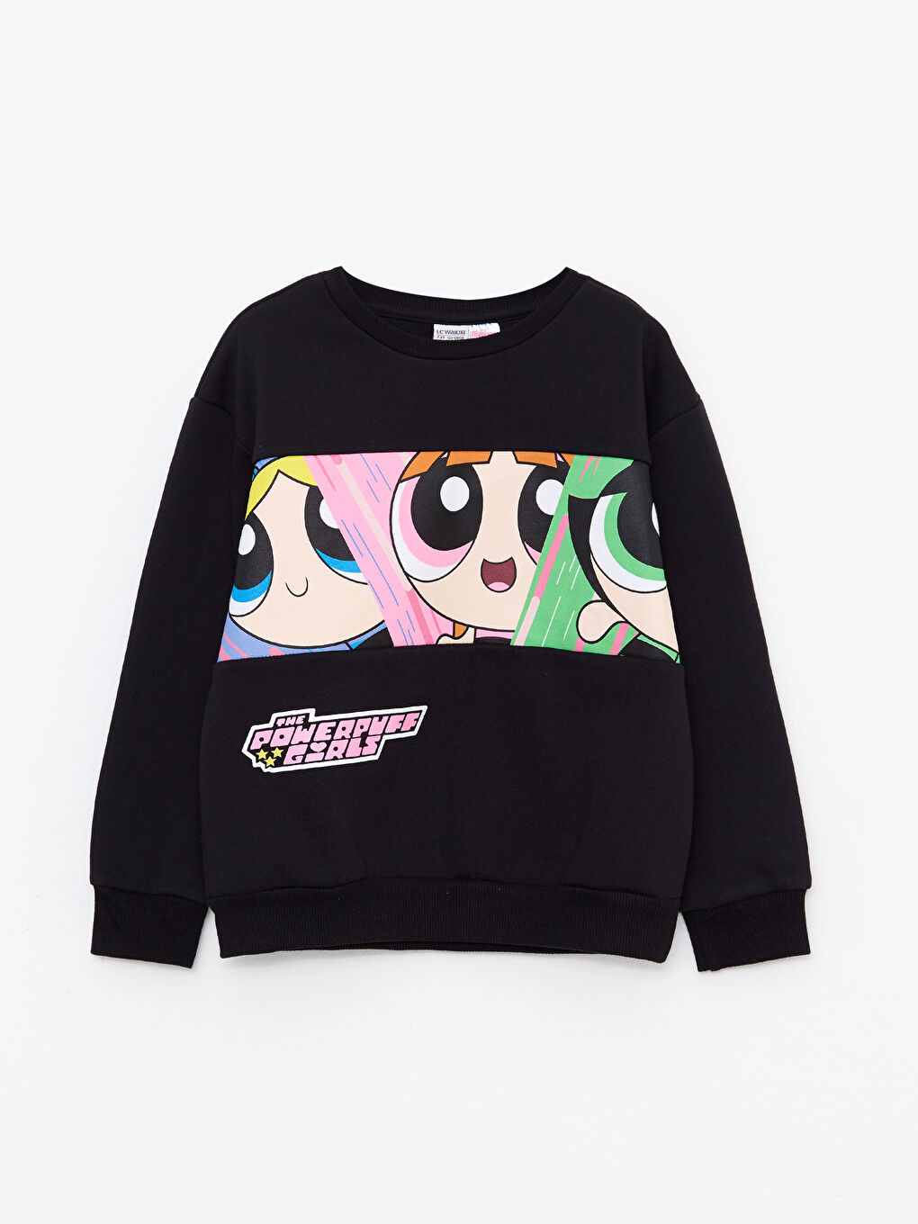 LCW Kids Siyah Bisiklet Yaka Powerpuff Girls Baskılı Uzun Kollu Kız Çocuk Sweatshirt