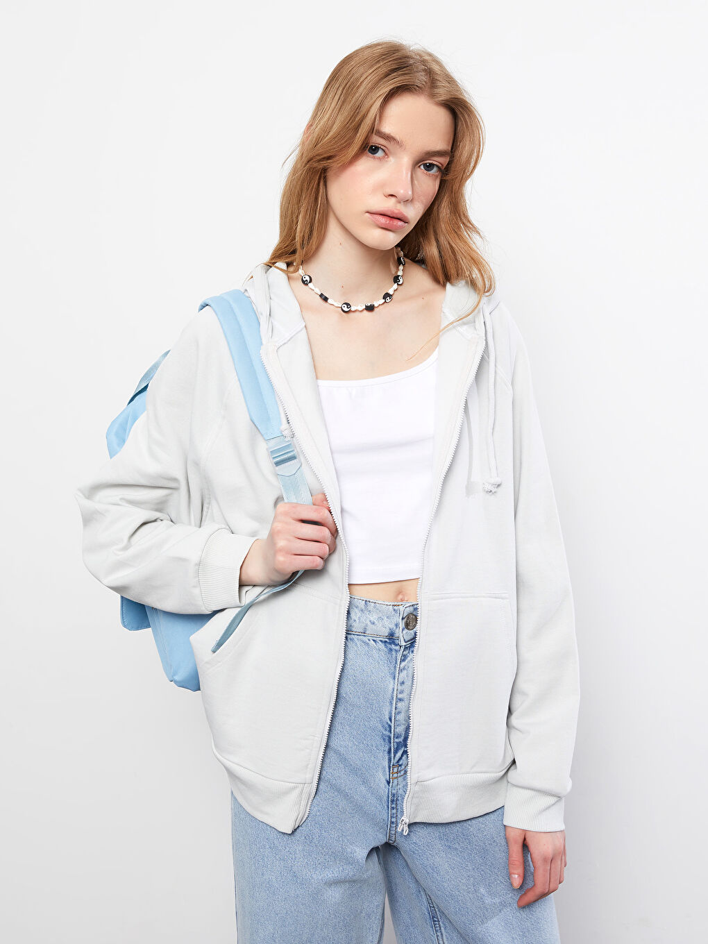 Gri Kapüşonlu Düz Uzun Kollu Kadın Spor Hırka-1