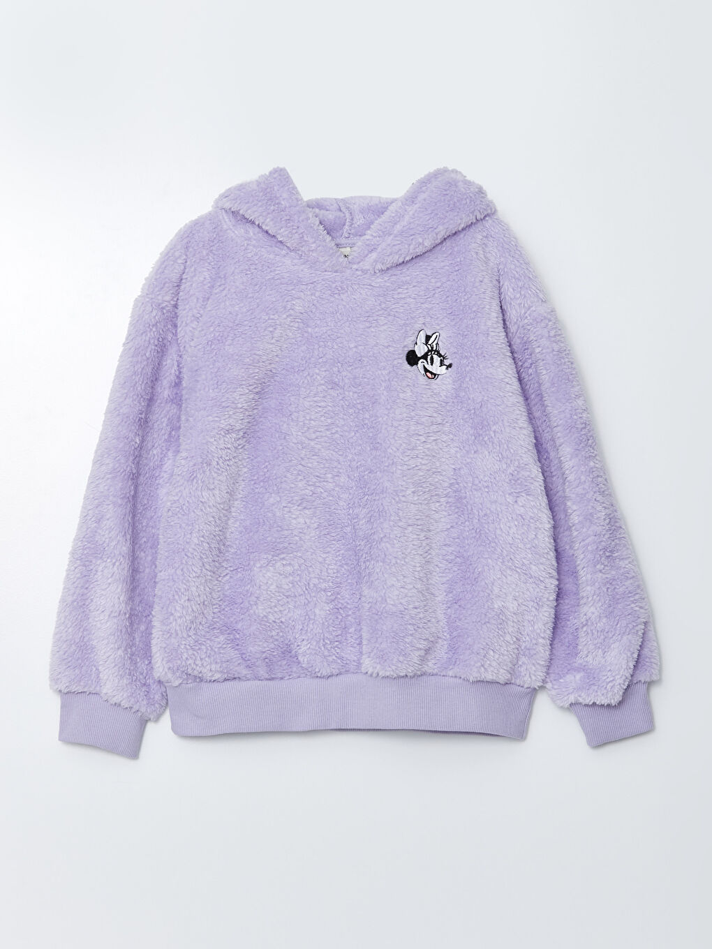 Lila Kapüşonlu Minnie Mouse Nakışlı Uzun Kollu Pelüş Kız Çocuk Sweatshirt