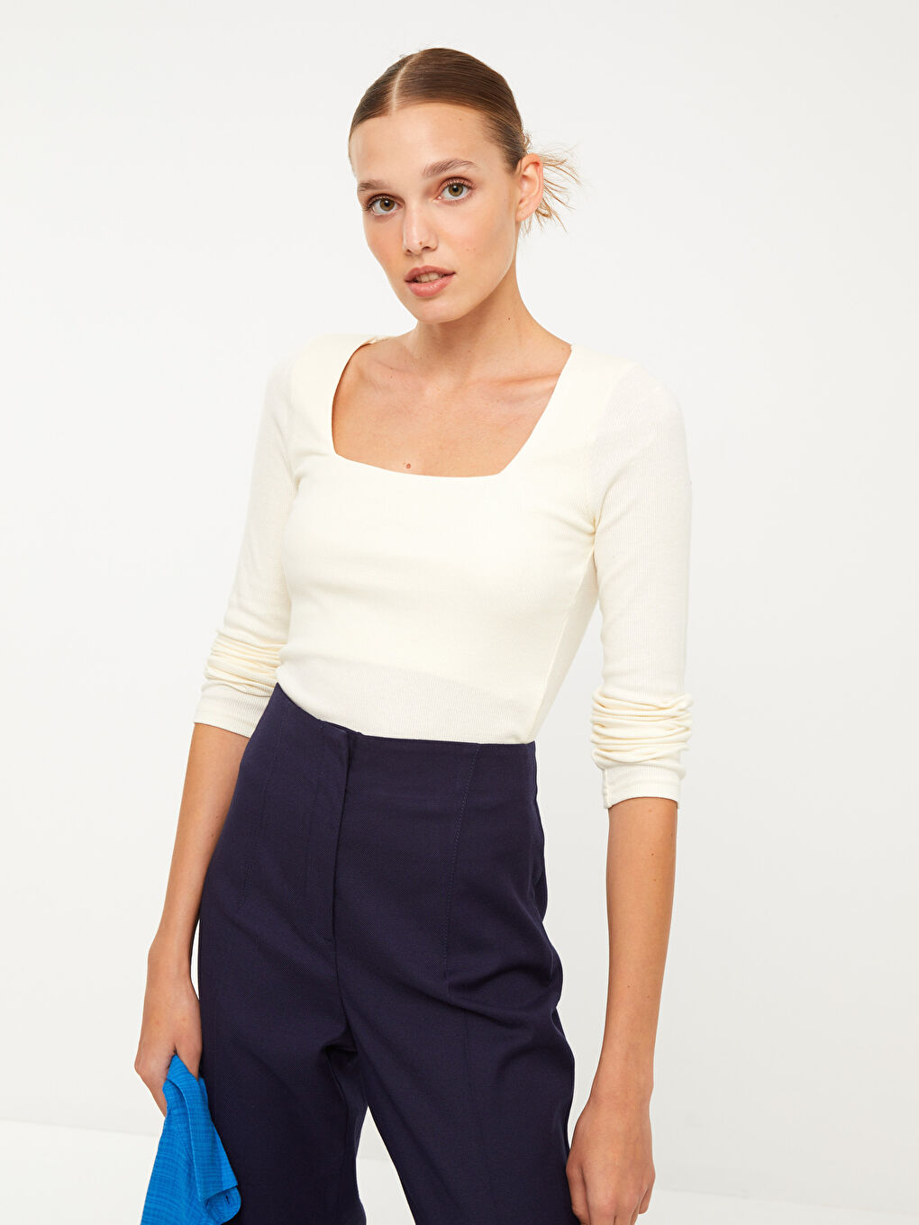LCW Vision Quadratischer Kragen Gerade Langarm Baumwolle Damen T-Shirt -W2BQ92Z8-FDH