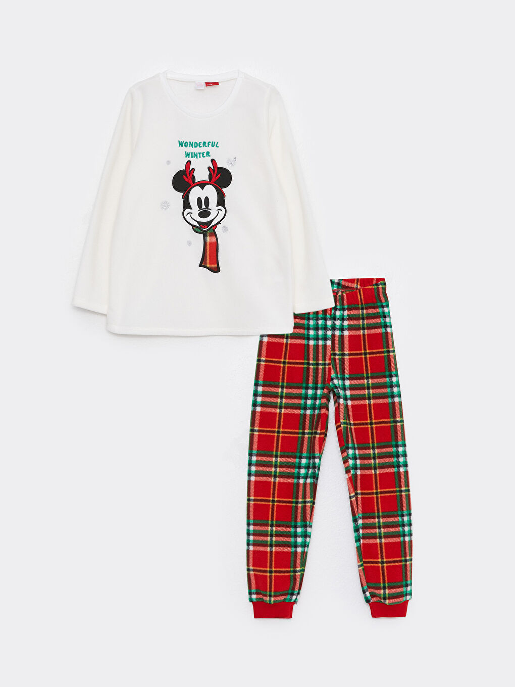 LCW Kids Ekru Bisiklet Yaka Mickey Mouse Nakışlı Uzun Kollu Polar Kız Çocuk Pijama Takımı