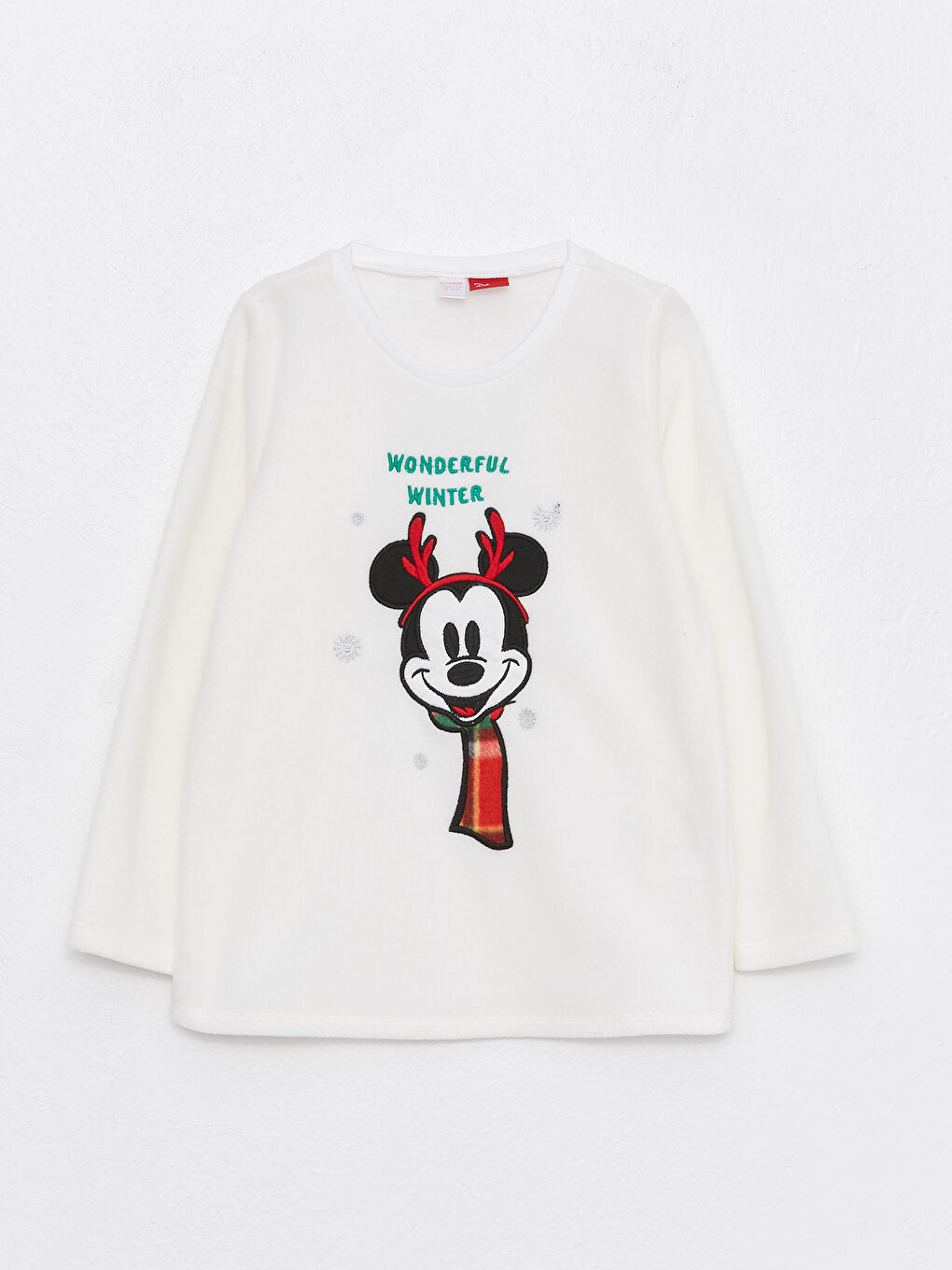 LCW Kids Ekru Bisiklet Yaka Mickey Mouse Nakışlı Uzun Kollu Polar Kız Çocuk Pijama Takımı - 1