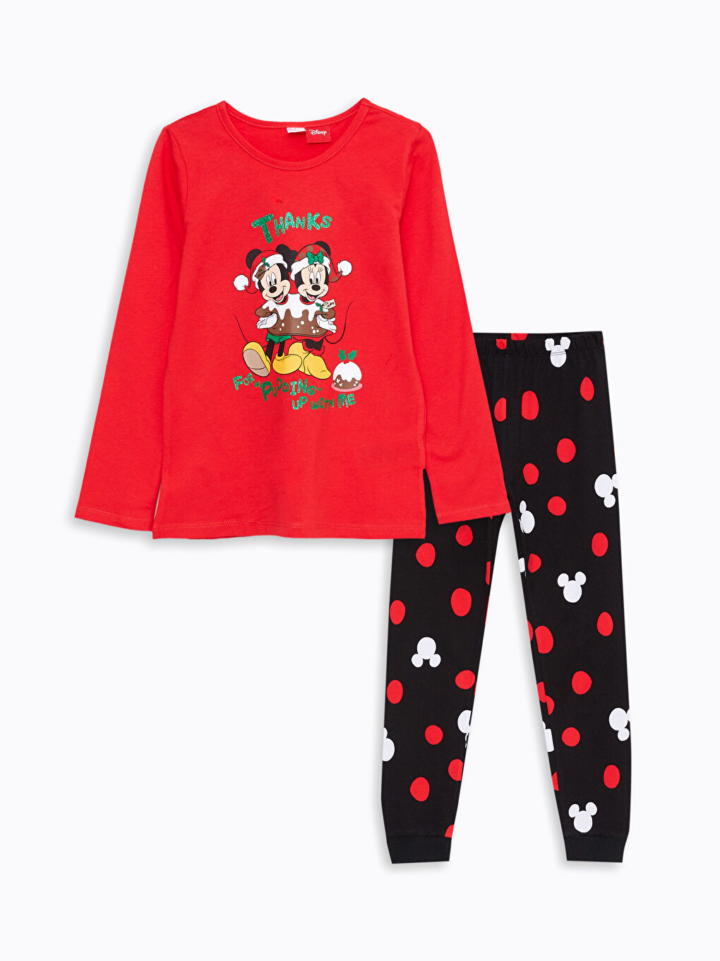 Kırmızı Bisiklet Yaka Minnie ve Mickey Mouse Baskılı Yılbaşı Temalı Uzun Kollu Kız Çocuk Pijama Takımı