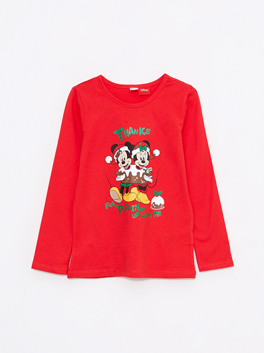 Kırmızı Bisiklet Yaka Minnie ve Mickey Mouse Baskılı Yılbaşı Temalı Uzun Kollu Kız Çocuk Pijama Takımı-1