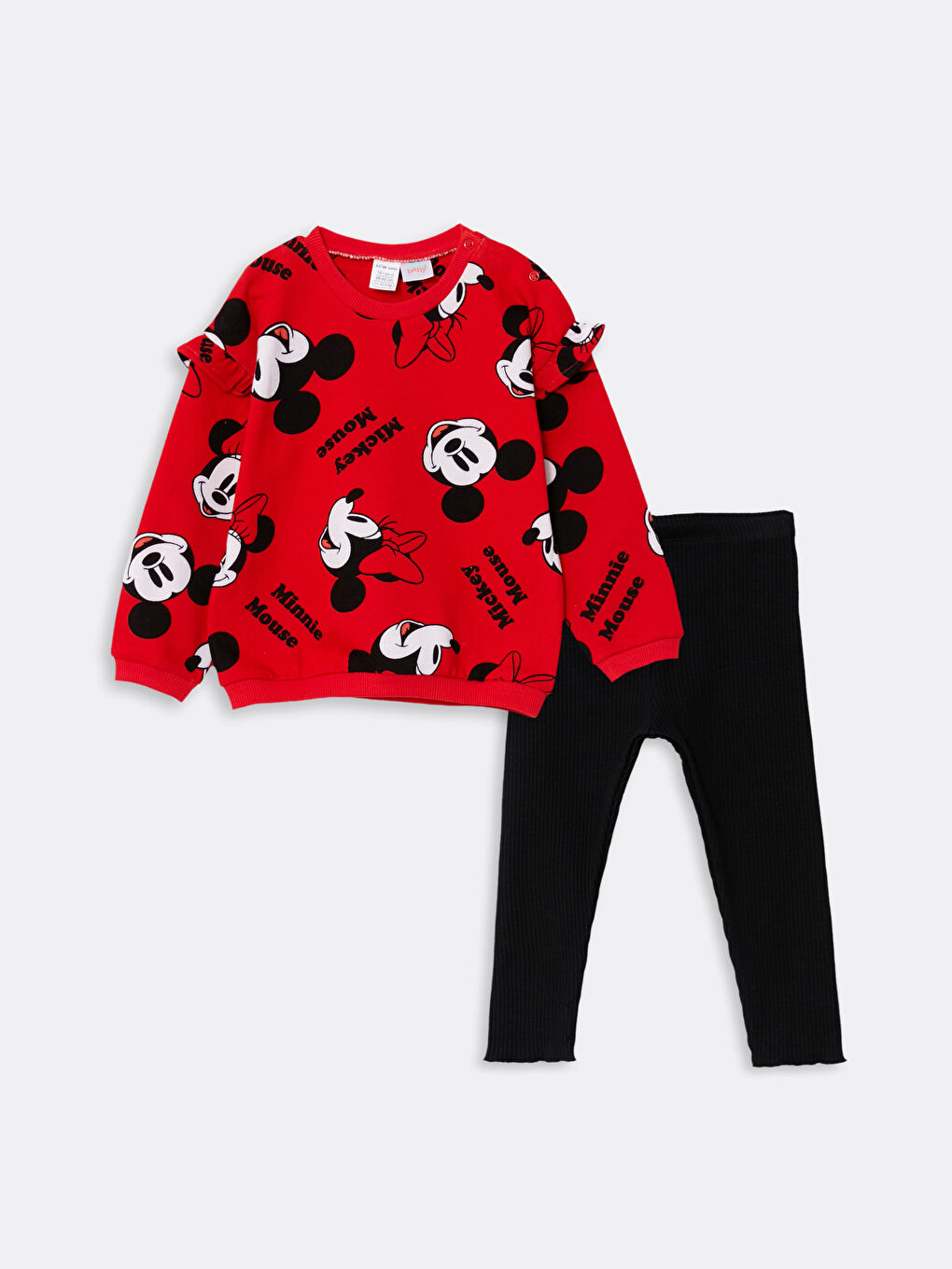 Kırmızı Bisiklet Yaka Uzun Kollu Mickey Mouse Baskılı Kız Bebek Sweatshirt ve Tayt 2'li Takım