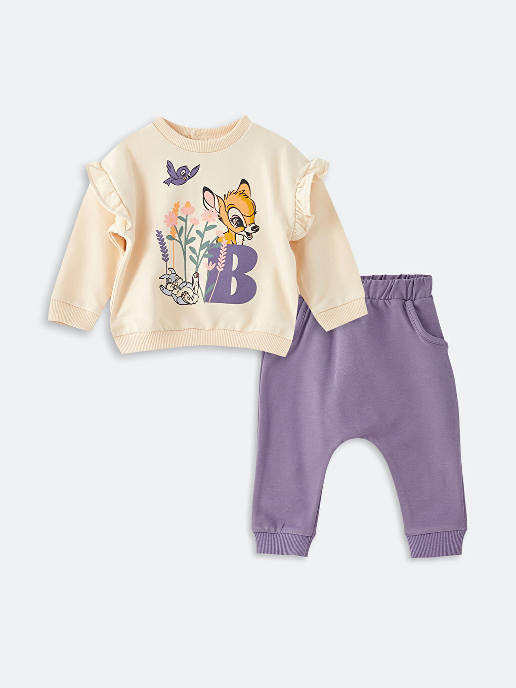 Bej Bisiklet Yaka Uzun Kollu Bambi Baskılı Kız Bebek Sweatshirt ve Pantolon 2'li Takım