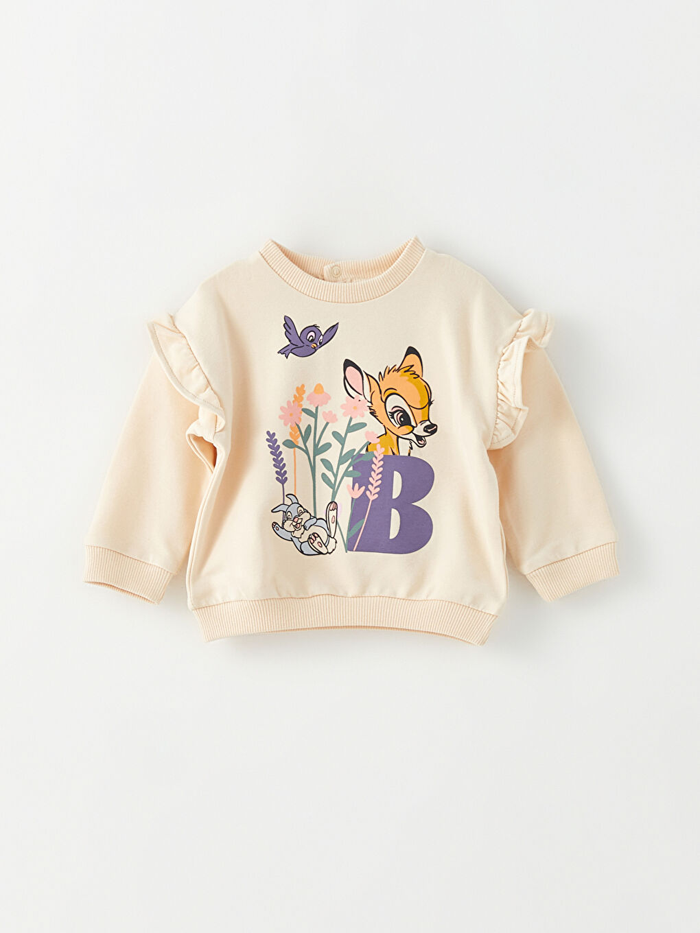 Bej Bisiklet Yaka Uzun Kollu Bambi Baskılı Kız Bebek Sweatshirt ve Pantolon 2'li Takım-1