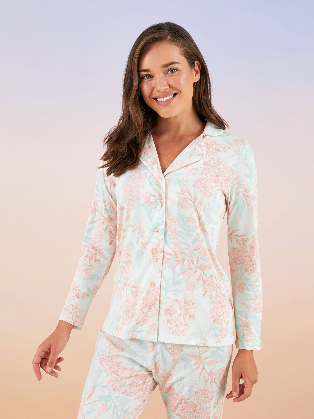 طقم بيجاما نسائي قطن بأكمام طويلة بنقشة ياقة قميص-1