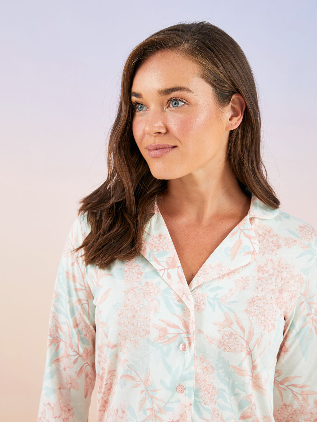 طقم بيجاما نسائي قطن بأكمام طويلة بنقشة ياقة قميص-2