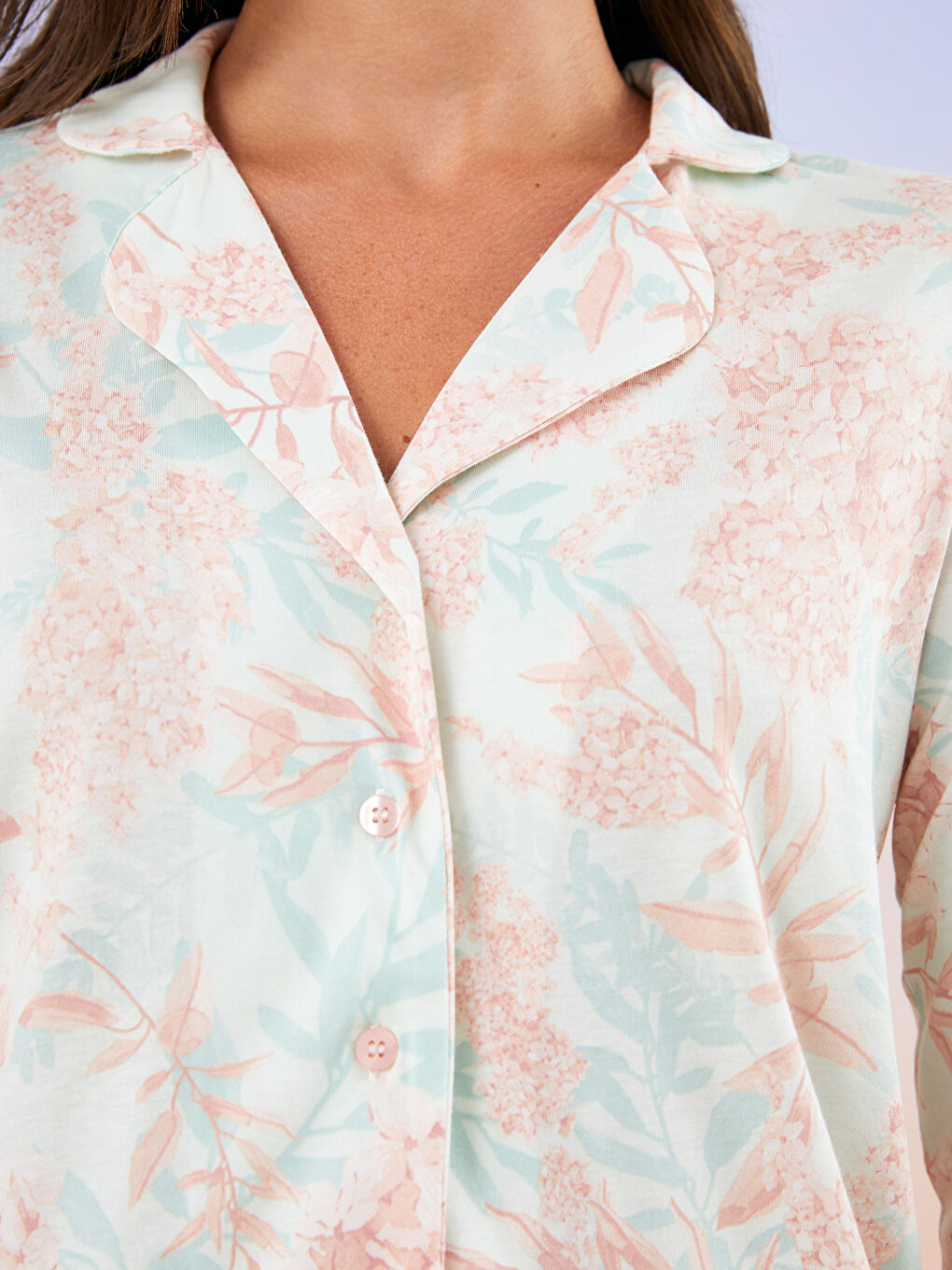 طقم بيجاما نسائي قطن بأكمام طويلة بنقشة ياقة قميص-3