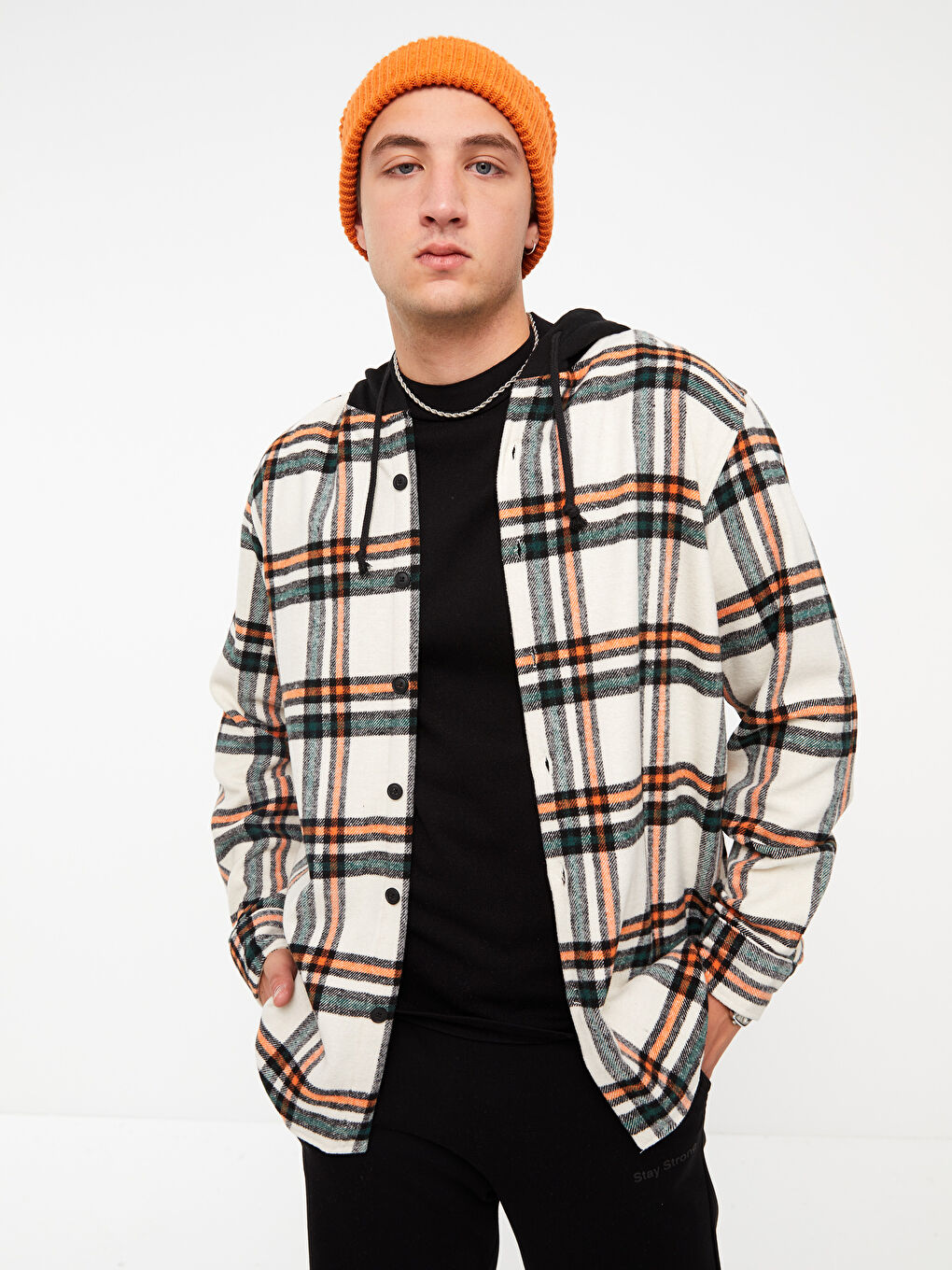 Turuncu Regular Fit Uzun Kollu Ekose Erkek Oduncu Gömlek Ceket