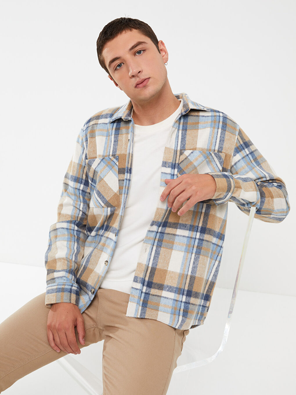 Bej Regular Fit Uzun Kollu Ekose Erkek Oduncu Gömlek