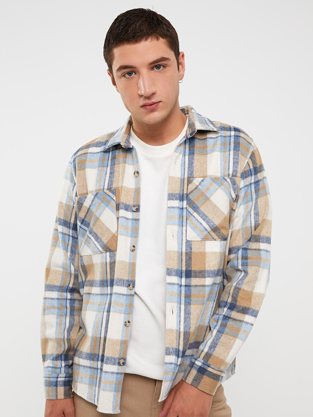 Bej Regular Fit Uzun Kollu Ekose Erkek Oduncu Gömlek-1