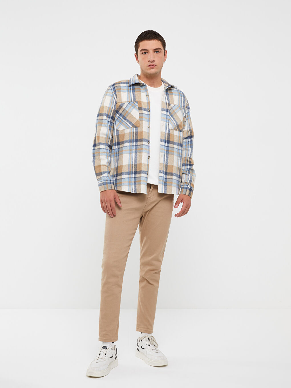 Bej Regular Fit Uzun Kollu Ekose Erkek Oduncu Gömlek-2