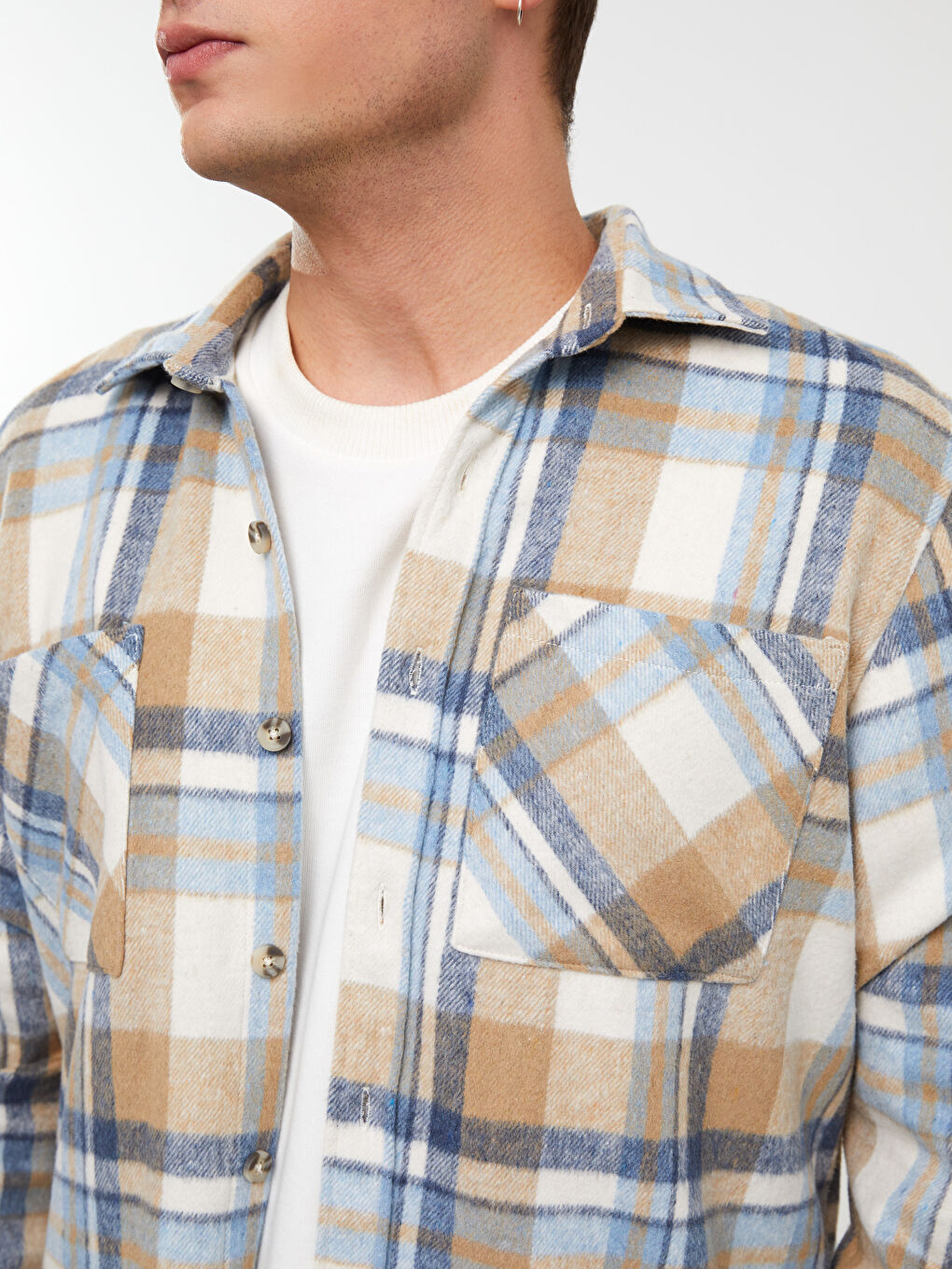 Bej Regular Fit Uzun Kollu Ekose Erkek Oduncu Gömlek-3