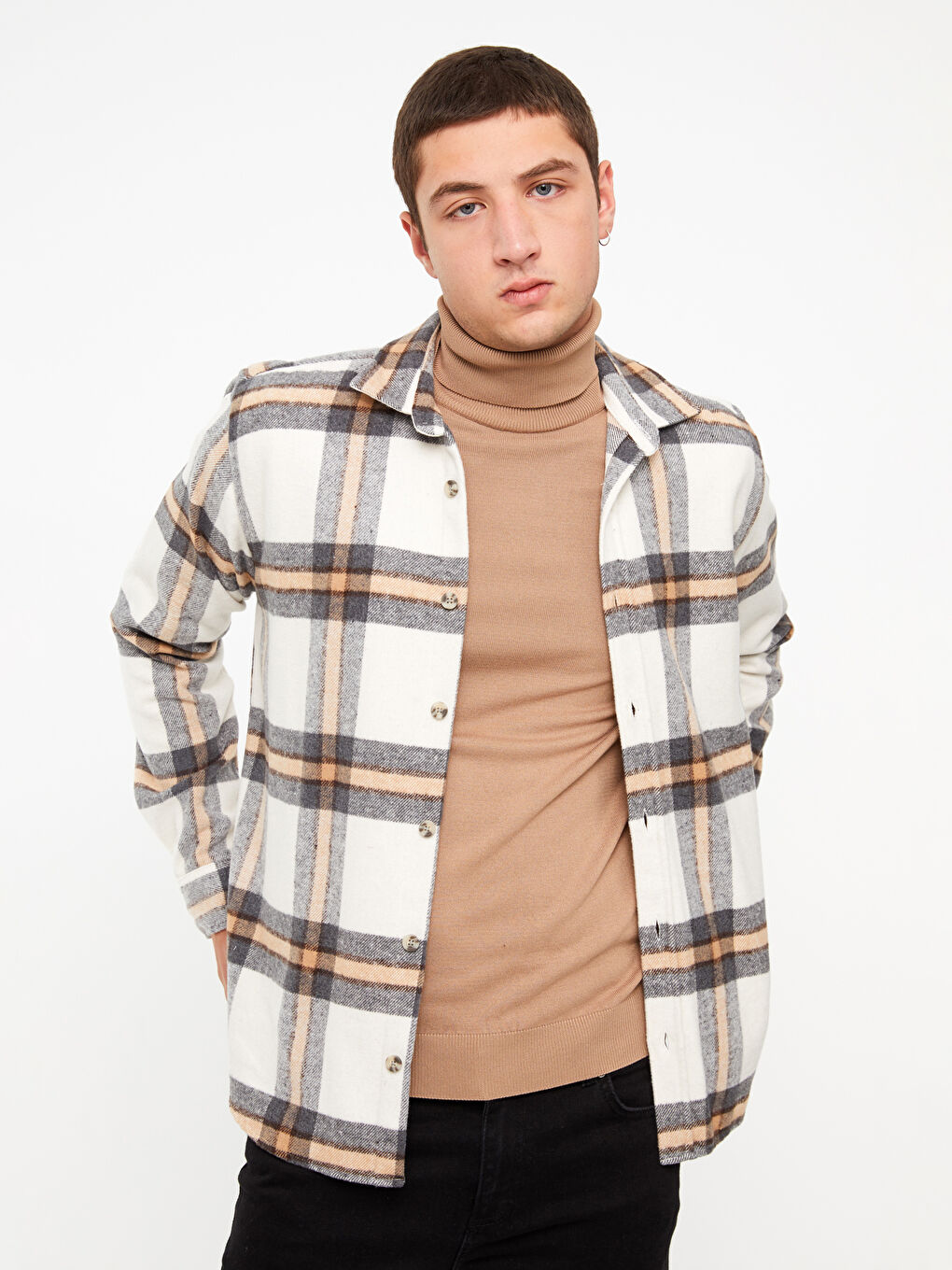 Bej Regular Fit Uzun Kollu Ekose Erkek Oduncu Gömlek