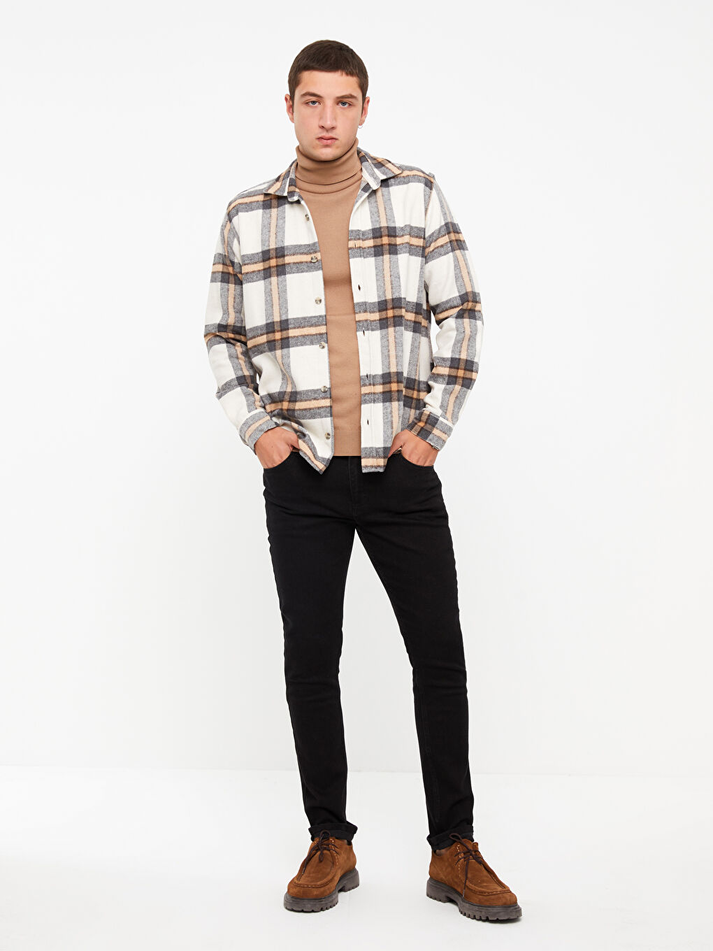 Bej Regular Fit Uzun Kollu Ekose Erkek Oduncu Gömlek-1