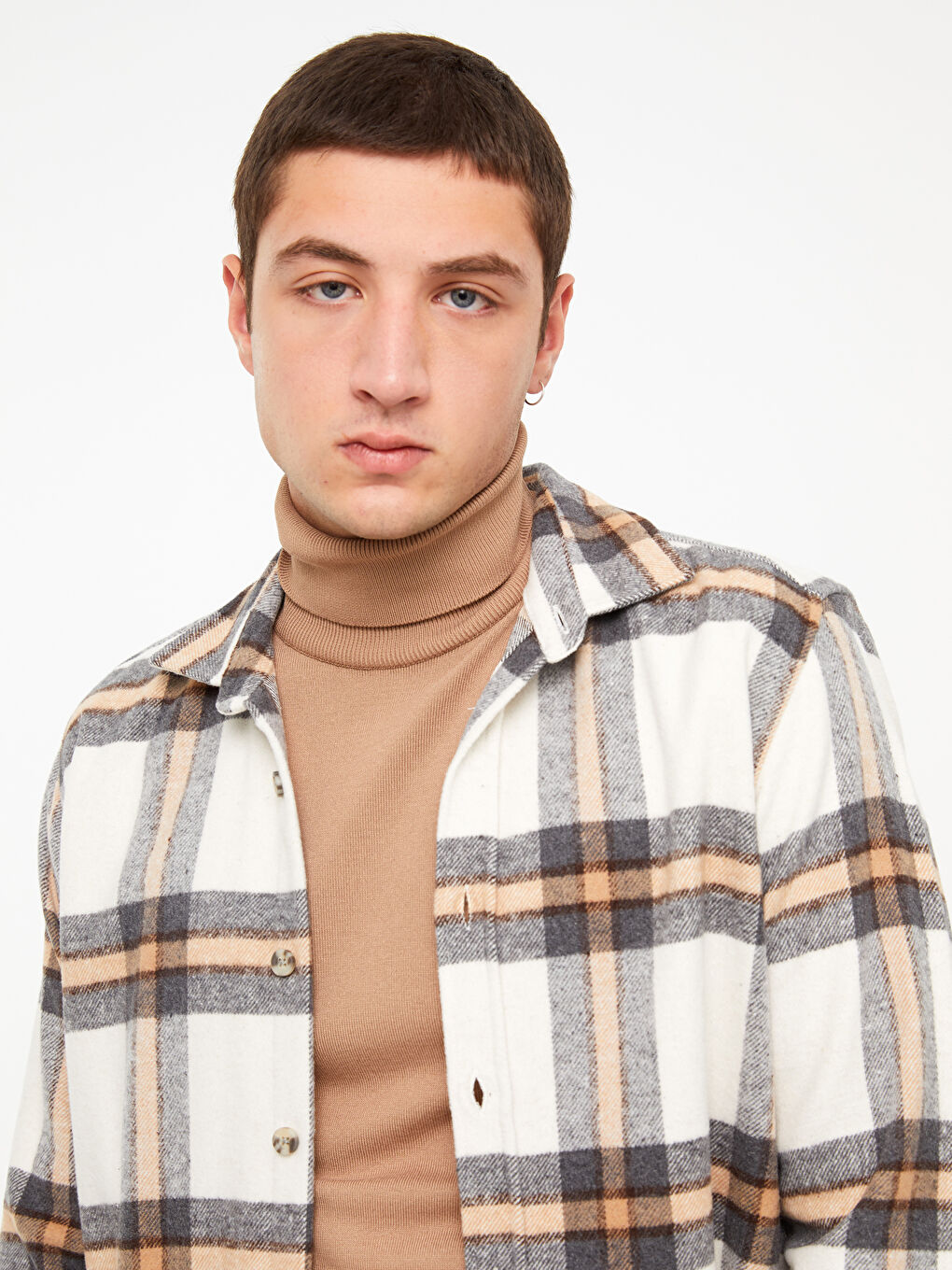 Bej Regular Fit Uzun Kollu Ekose Erkek Oduncu Gömlek-2