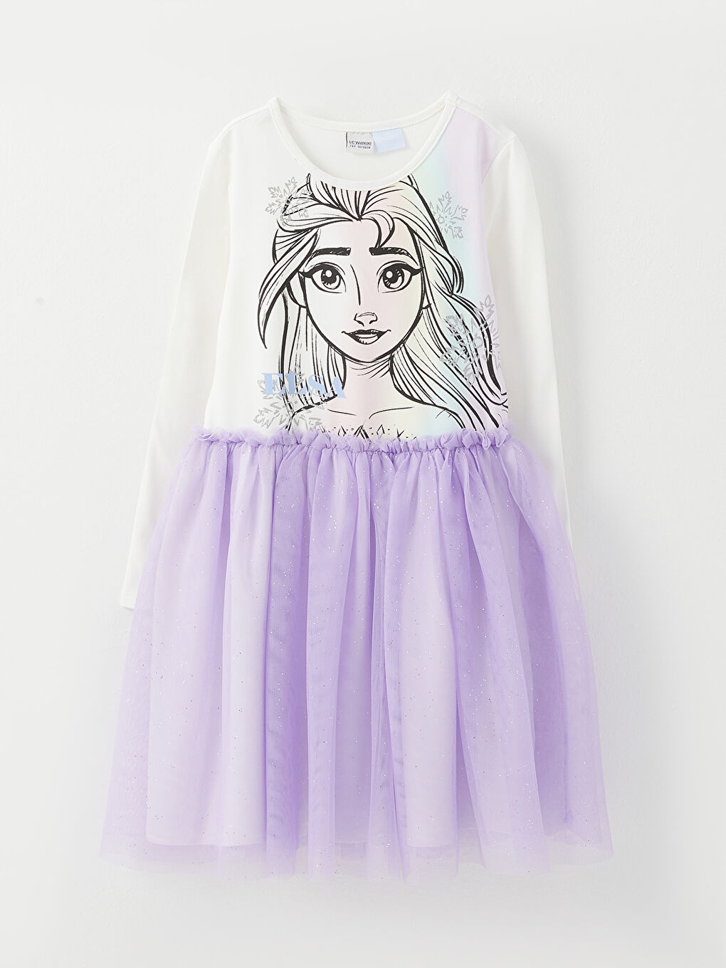 Ekru Bisiklet Yaka Elsa Baskılı Uzun Kollu Kız Çocuk Elbise