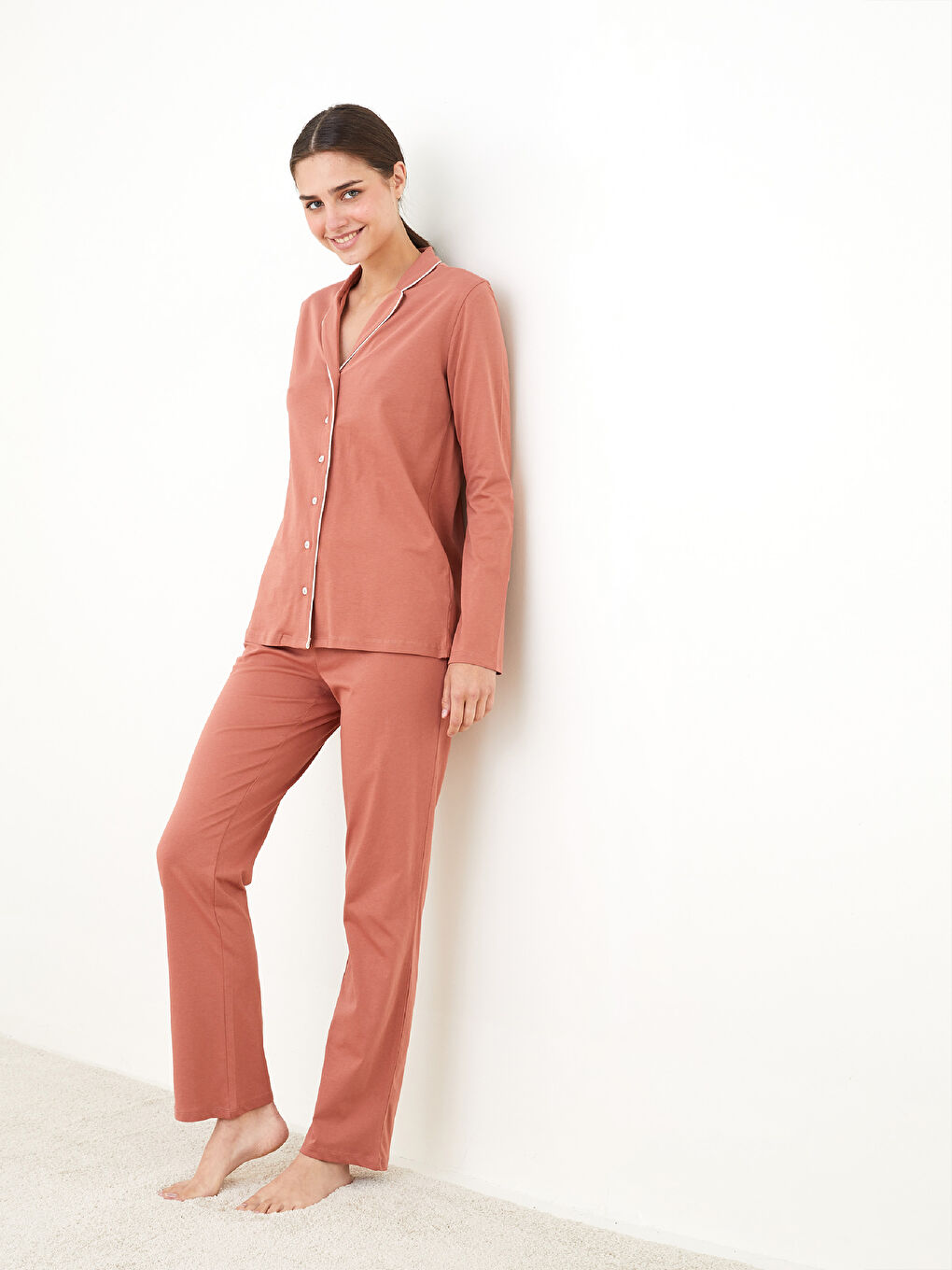 Set de pijama din Bumbac cu Guler de cămașă, Mânecă lungă, pentru Femei