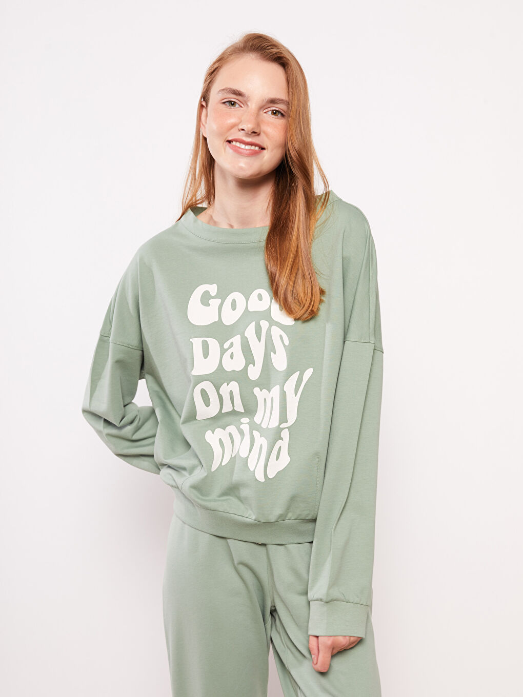 طقم بيجامة كم طويل ياقة دائرية مطبوع قطن للسيدات-4