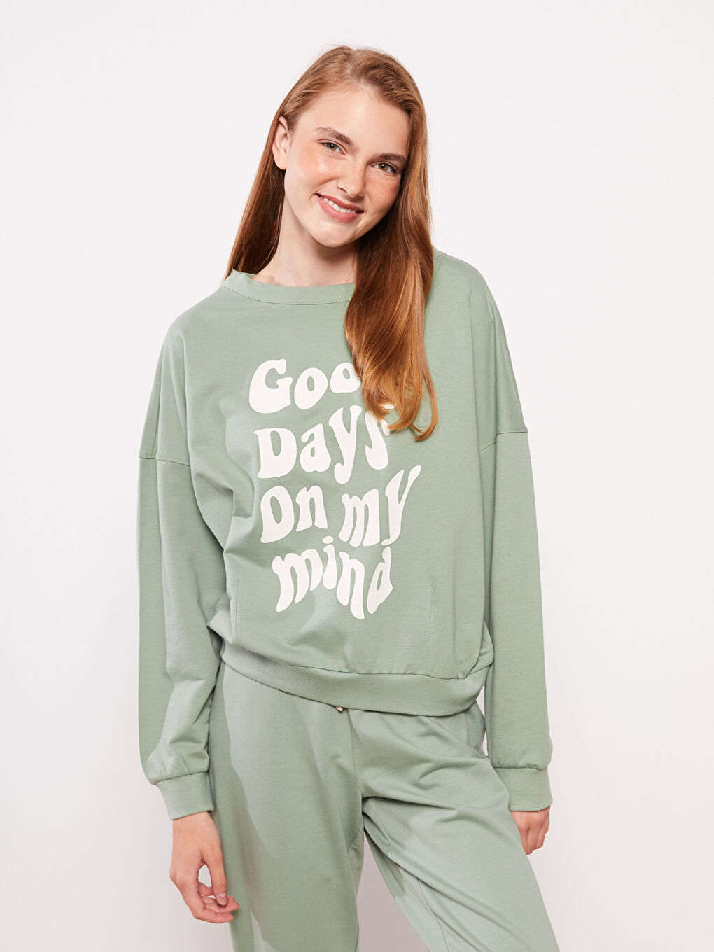 طقم بيجامة كم طويل ياقة دائرية مطبوع قطن للسيدات-5