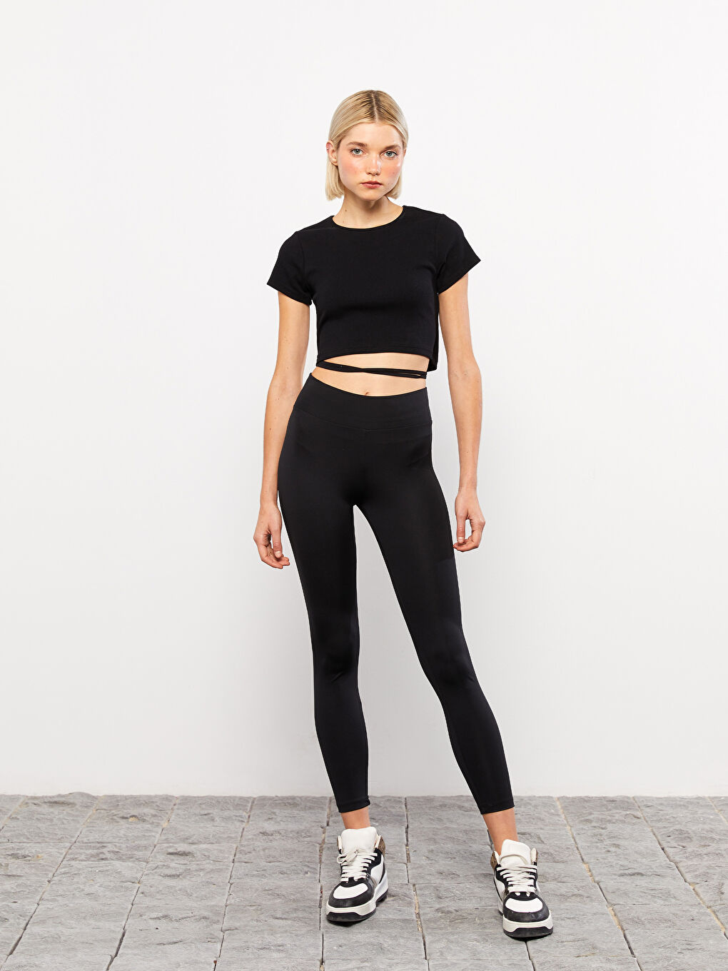 Siyah Kadın Beli Lastikli Düz Tayt