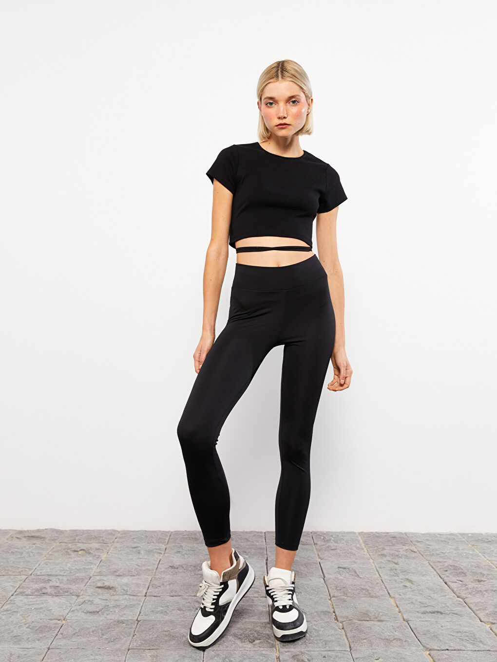 Siyah Kadın Beli Lastikli Düz Tayt-1