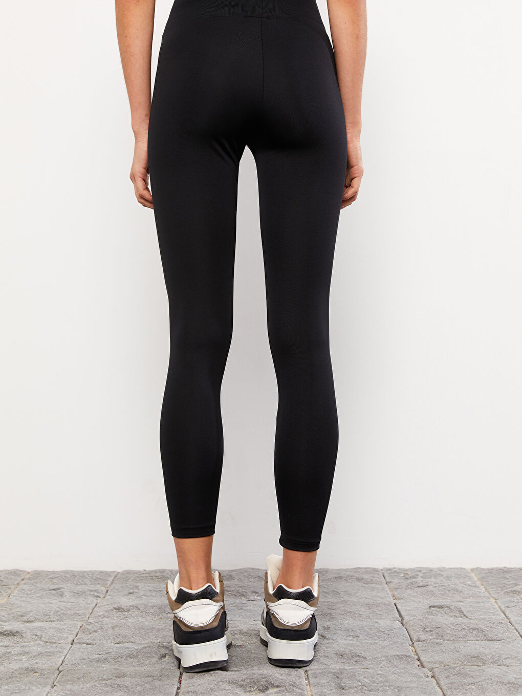 Siyah Kadın Beli Lastikli Düz Tayt-4