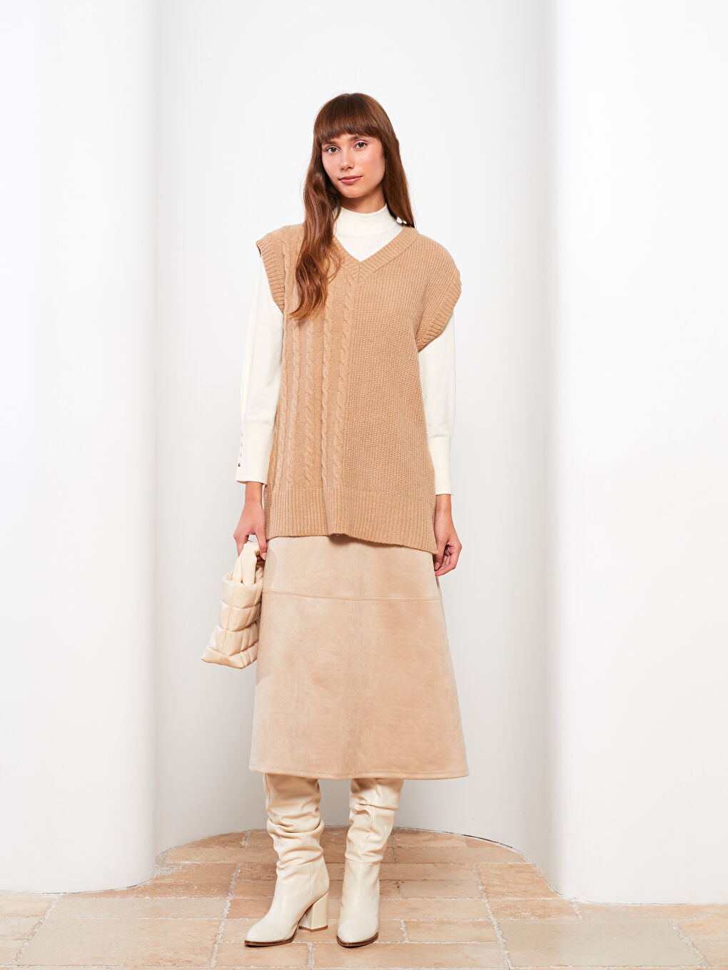 Bej Kadın V Yaka Düz Triko Süveter-2