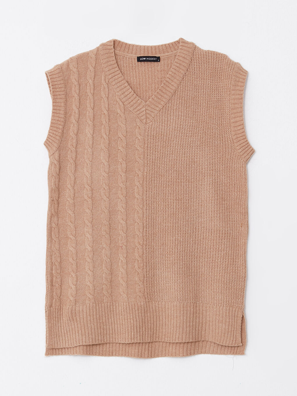 Bej Kadın V Yaka Düz Triko Süveter-5