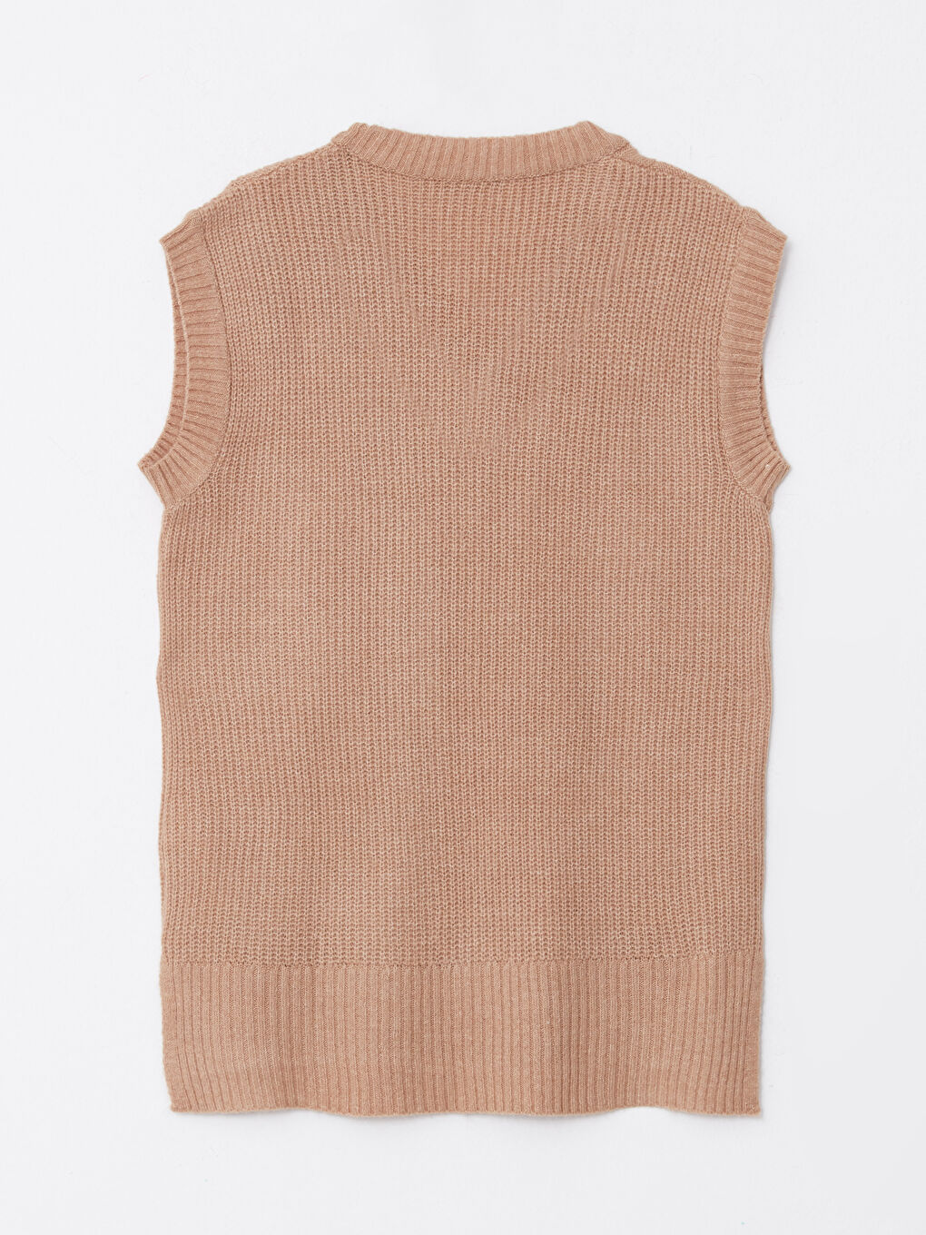 Bej Kadın V Yaka Düz Triko Süveter-6