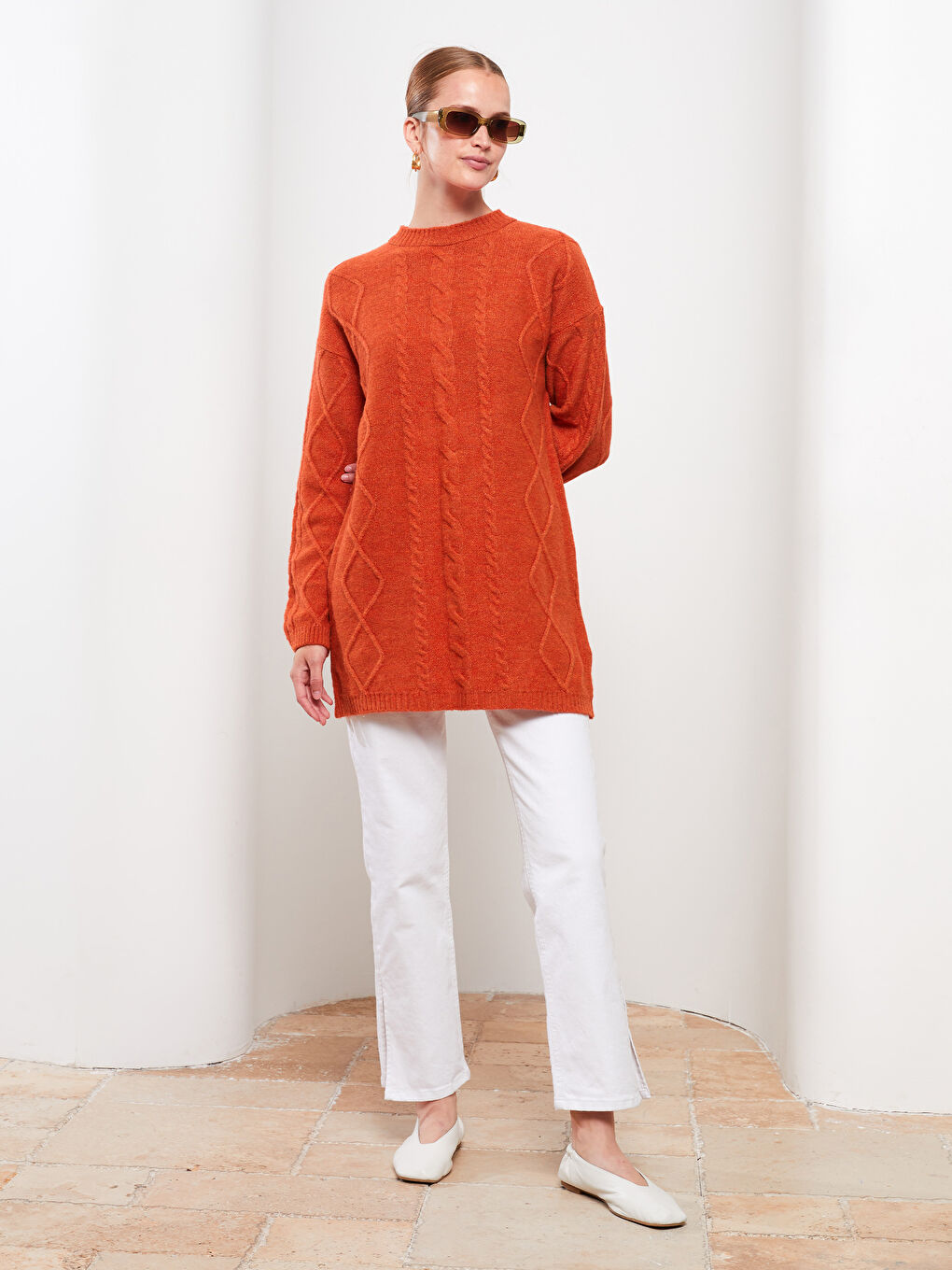 Turuncu Bisiklet Yaka Kendinden Desenli Uzun Kollu Kadın Triko Tunik-1