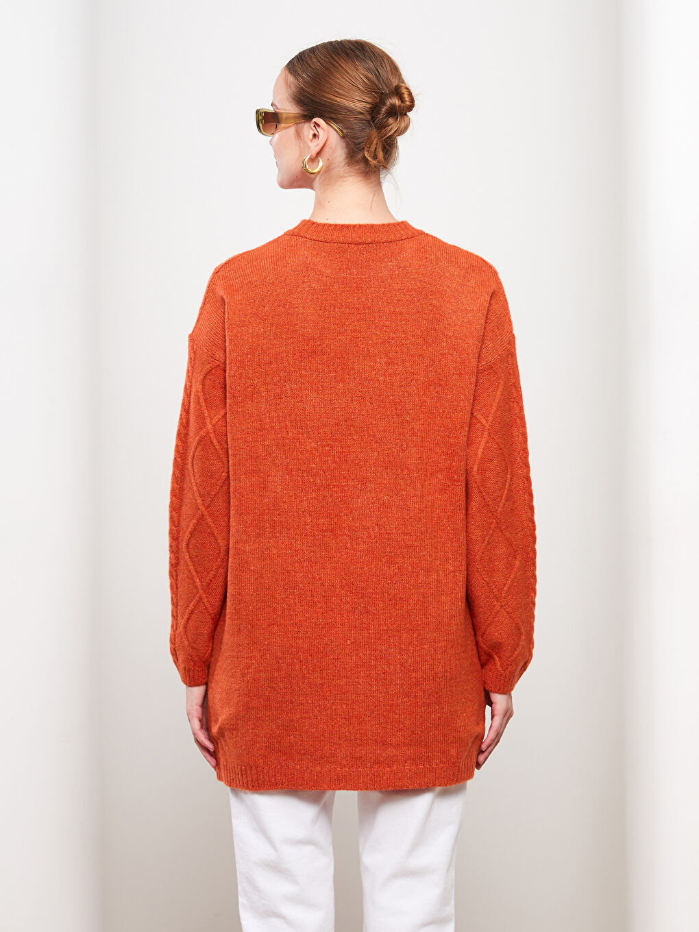 Turuncu Bisiklet Yaka Kendinden Desenli Uzun Kollu Kadın Triko Tunik-3