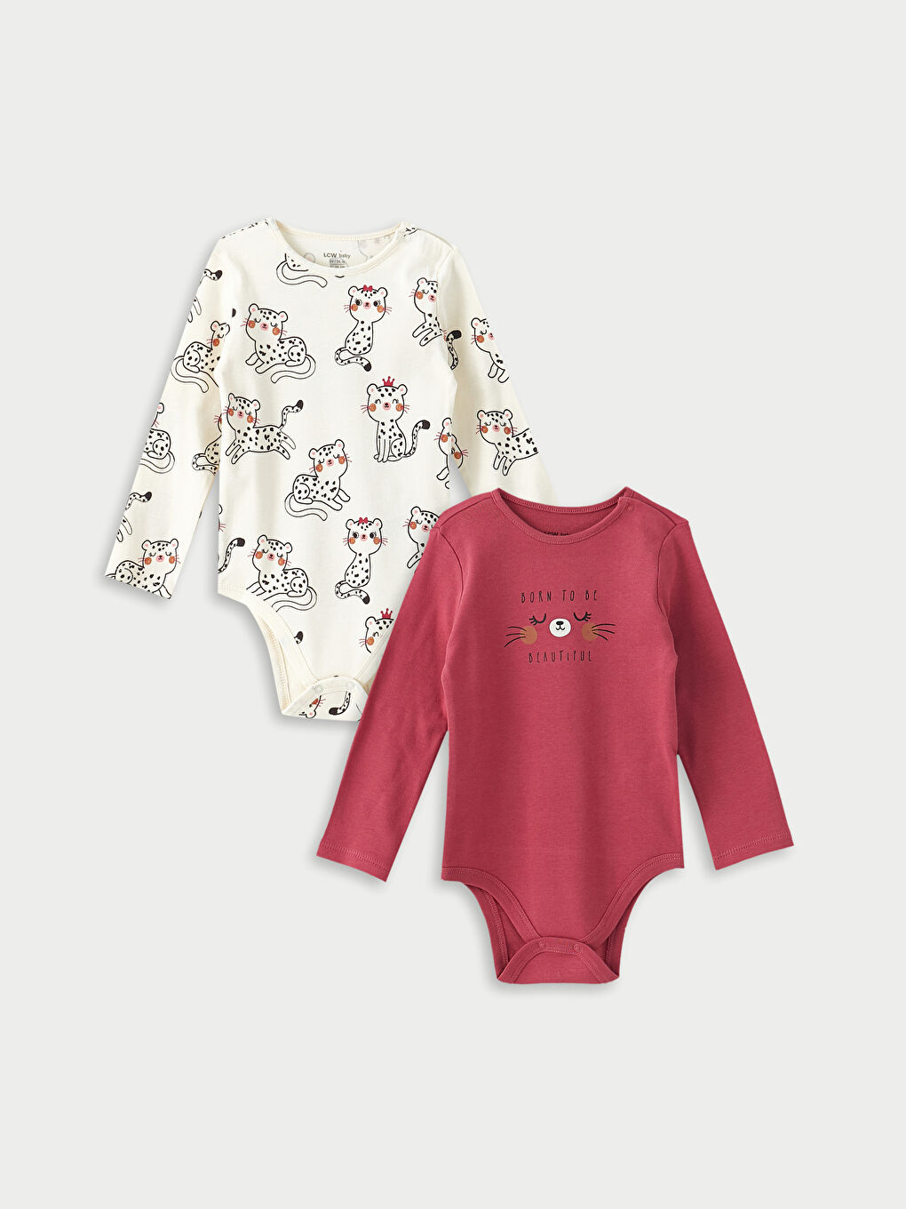 Ekru Bisiklet Yaka Uzun Kollu Baskılı Kız Bebek Çıtçıtlı Bodysuit 2'li