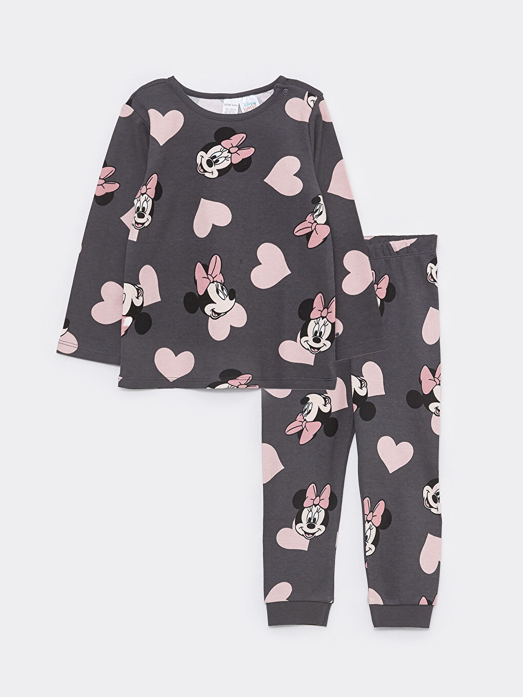 Antrasit Bisiklet Yaka Uzun Kollu Minnie Mouse Baskılı Kız Bebek Pijama Takım
